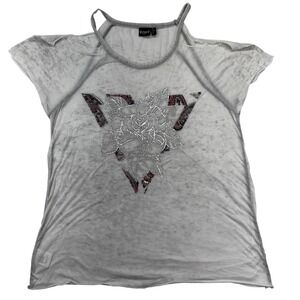 Cruel Denim Cold Shoulder Top Women Small Gray Burnout Rose Graphic Western Boho